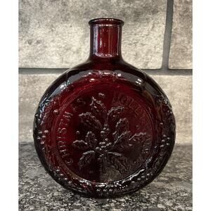 Wheaton Christmas Holly Ruby Red Glass Decanter Bottle 1973